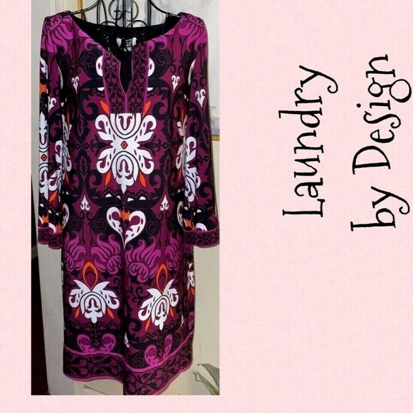LAUNDRY BY DESIGN SILKY PURPLE KNIT SHIFT DRESS W/BLACK,WHITE PRINT~3/4 SLEEVE~S - Picture 6 of 6